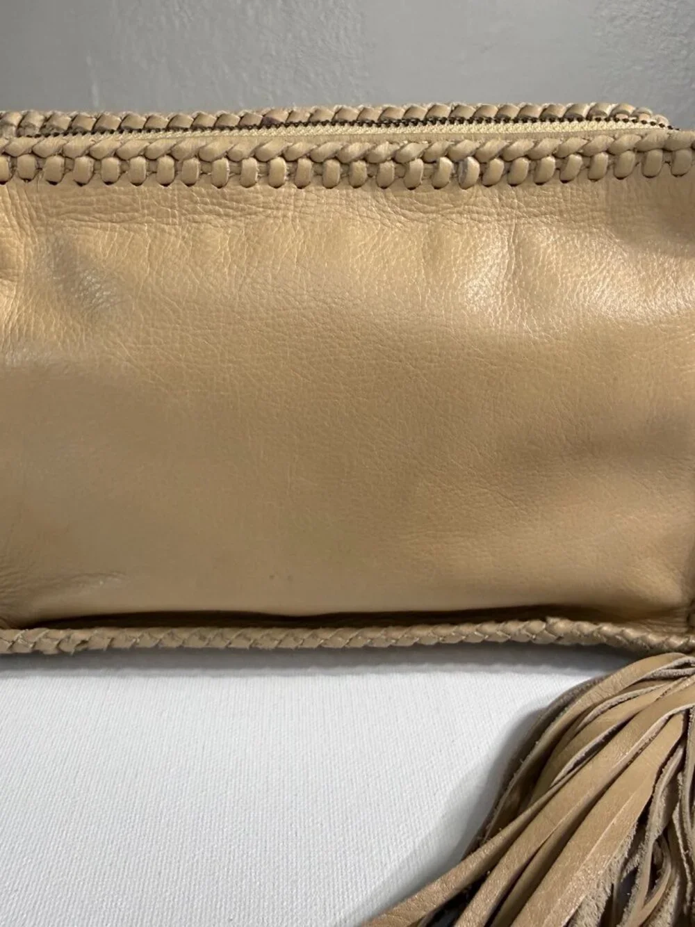 Botkier New York Beige Leather Crossbody Bag Whipstitch Tassel